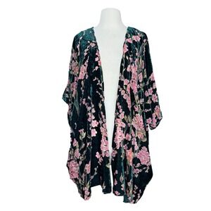 Women's XL Forest Green Floral Velvet Burnout Kimono Witchy Boho Dark Bohemian